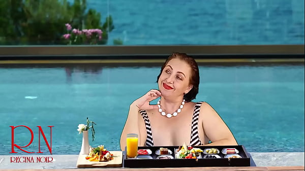 Regina Noir. Tits teasing at swimming pool. Nudist hotel. Nudism outdoors. 1